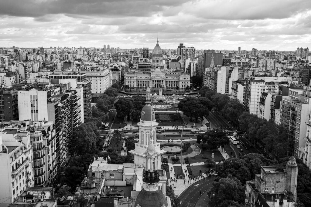 A captivating black and white aerial view of Buenos Aires, showcasing its dense cityscape and historic architecture.